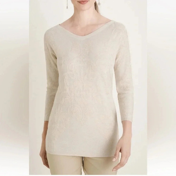 Chico’s‎ Ivory Double V Neck Baroque Sweater Womens Size Large (747) - Picture 1 of 6